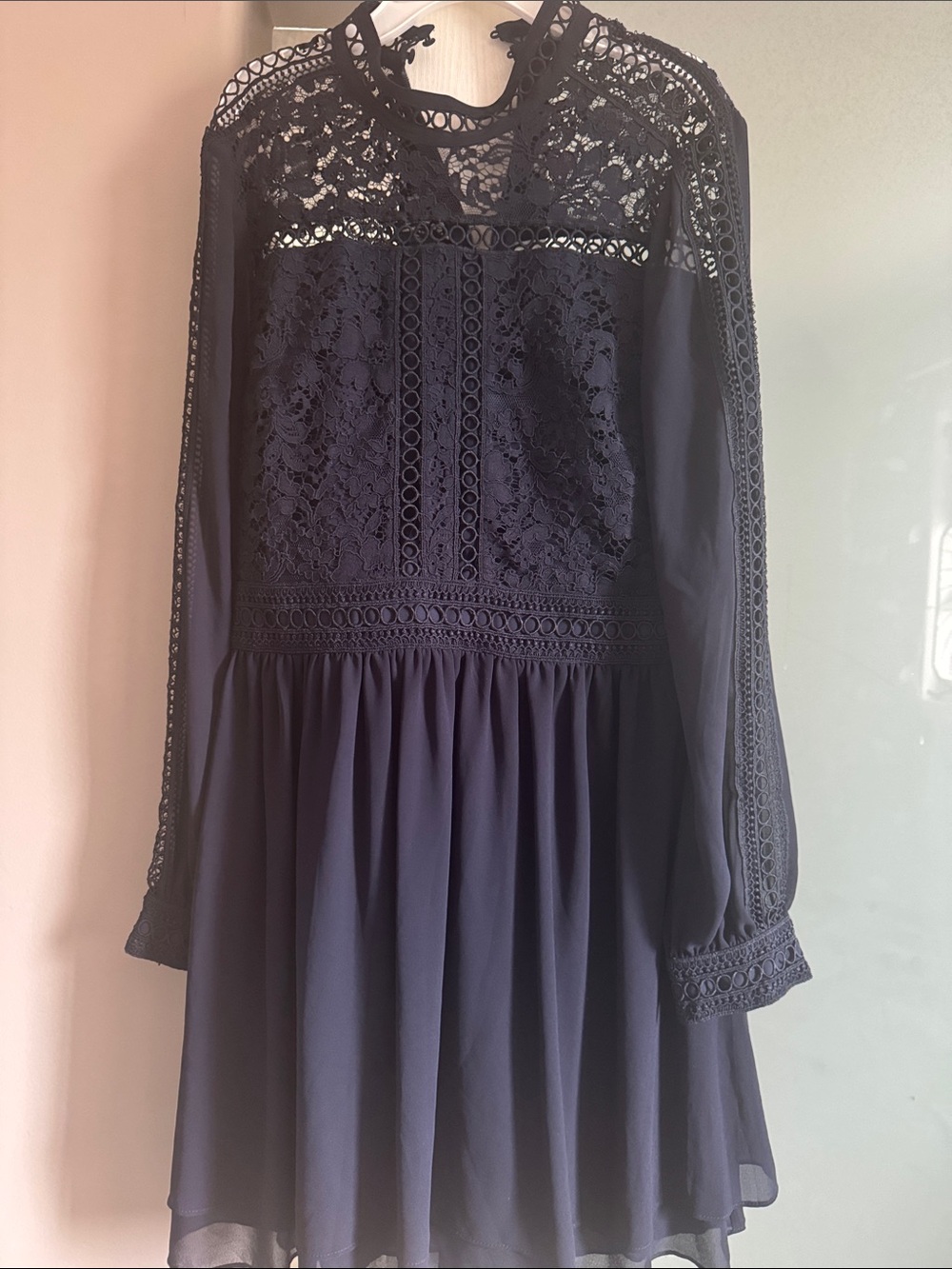 Women's Navy Lace Long-Sleeve Mini Dress